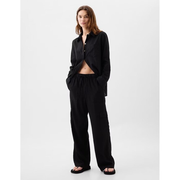 New Gap Pants Size XXL Linen Blend Cargo Pull On Wide Leg Black Casual Travel - Picture 1 of 10